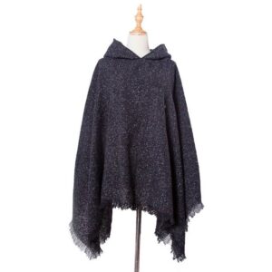 Zimtky Strickponcho Damen Herbst Winter Reine Farbe Mit Kapuze Poncho Umhang mit Fransen